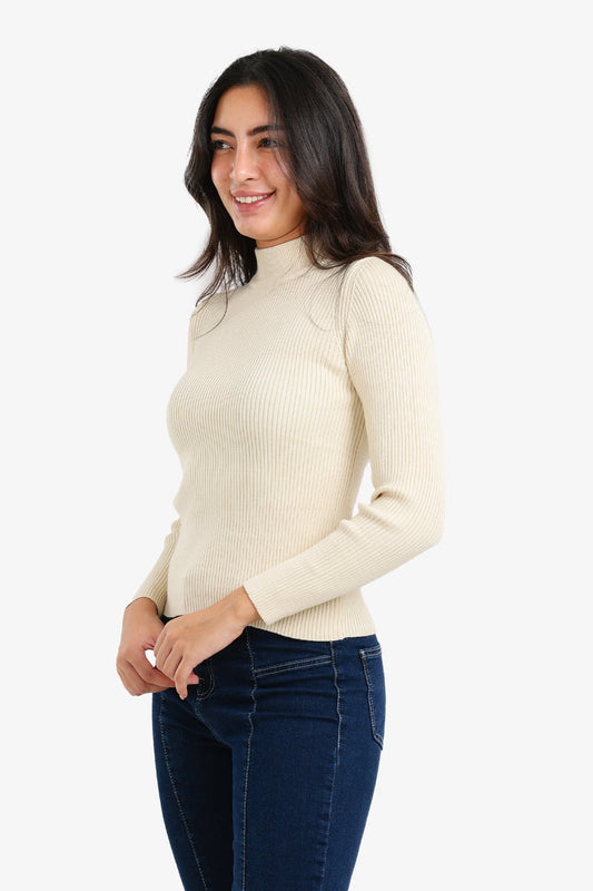 Wool Ribbed High Neck Pullover – Off White