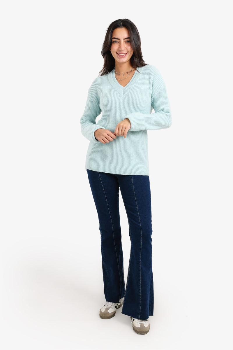 Acrylic Ribbed V-Neck Knit Pullover – Light Mint