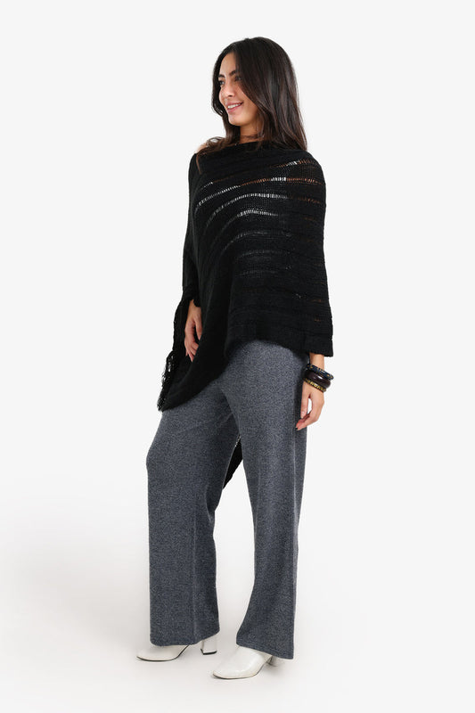 Acrylic Blend Self-Striped Knit Poncho – Black