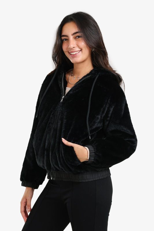Faux Fur Cozy Hooded Jacket – Black