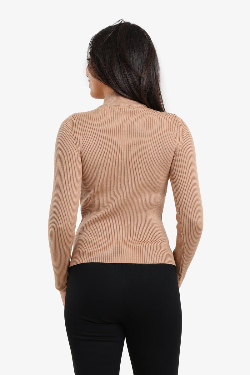 Wool Ribbed High Neck Pullover – Beige