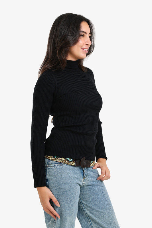 Polyamide Ribbed Turtleneck Pullover – Black