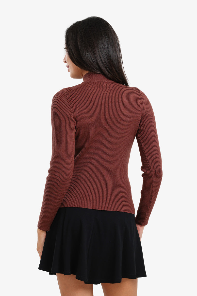 Wool Ribbed High Neck Pullover – Dark Brown