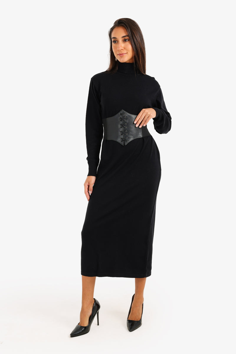 Viscose Knit Turtle Neck Midi Dress – Black