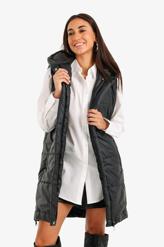 Polyester Hooded Long Puffer Vest – Black