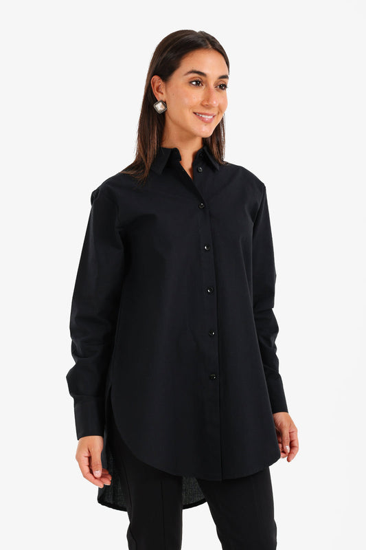 Cotton High-Low Relaxed Shirt – Black
