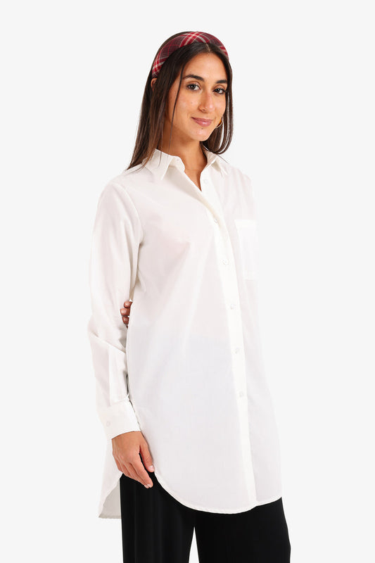 Cotton Long Button-Up Shirt – White