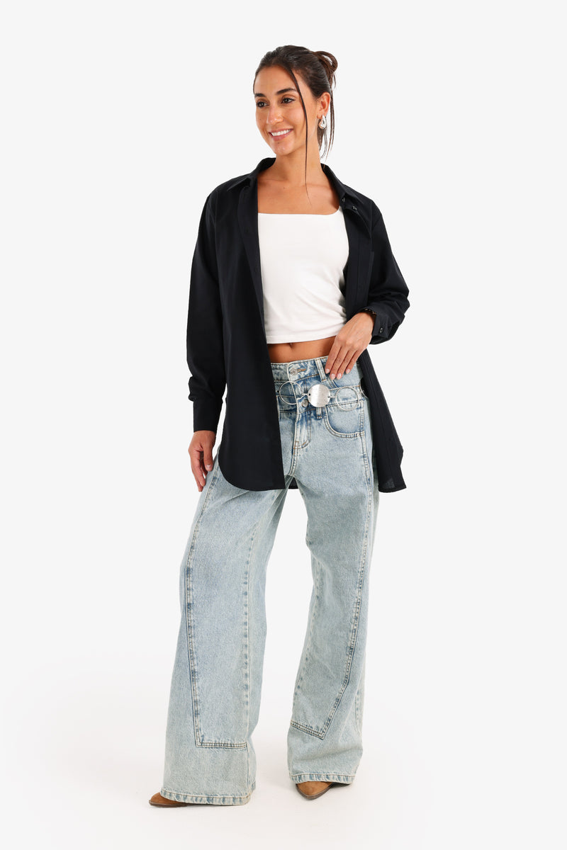 Cotton Asymmetrical Hem Shirt – Black