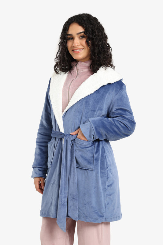 Velvet Solid Hooded Robe – Dark Indigo