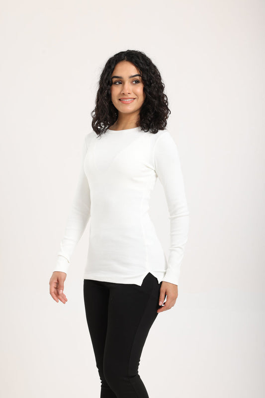 Cotton Ribbed Long Sleeve Top – Off White