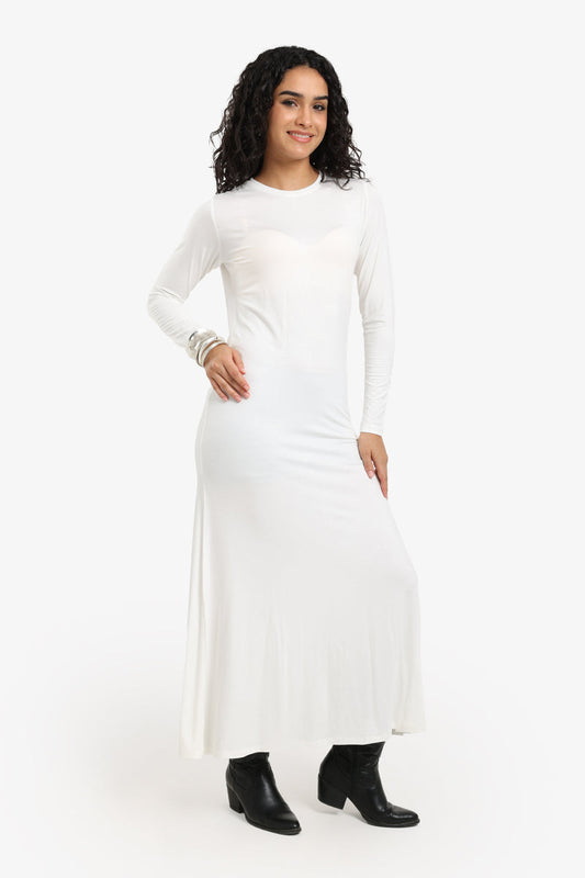 Viscose Blend Plain Knitted Long Dress – Off White