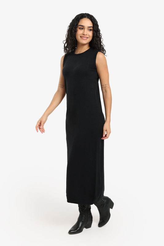 Polyamide Sleeveless Knitted Midi Dress – Black