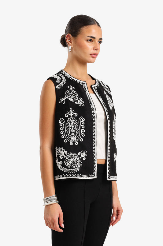 Tencel Embroidered Open Vest – Black & White