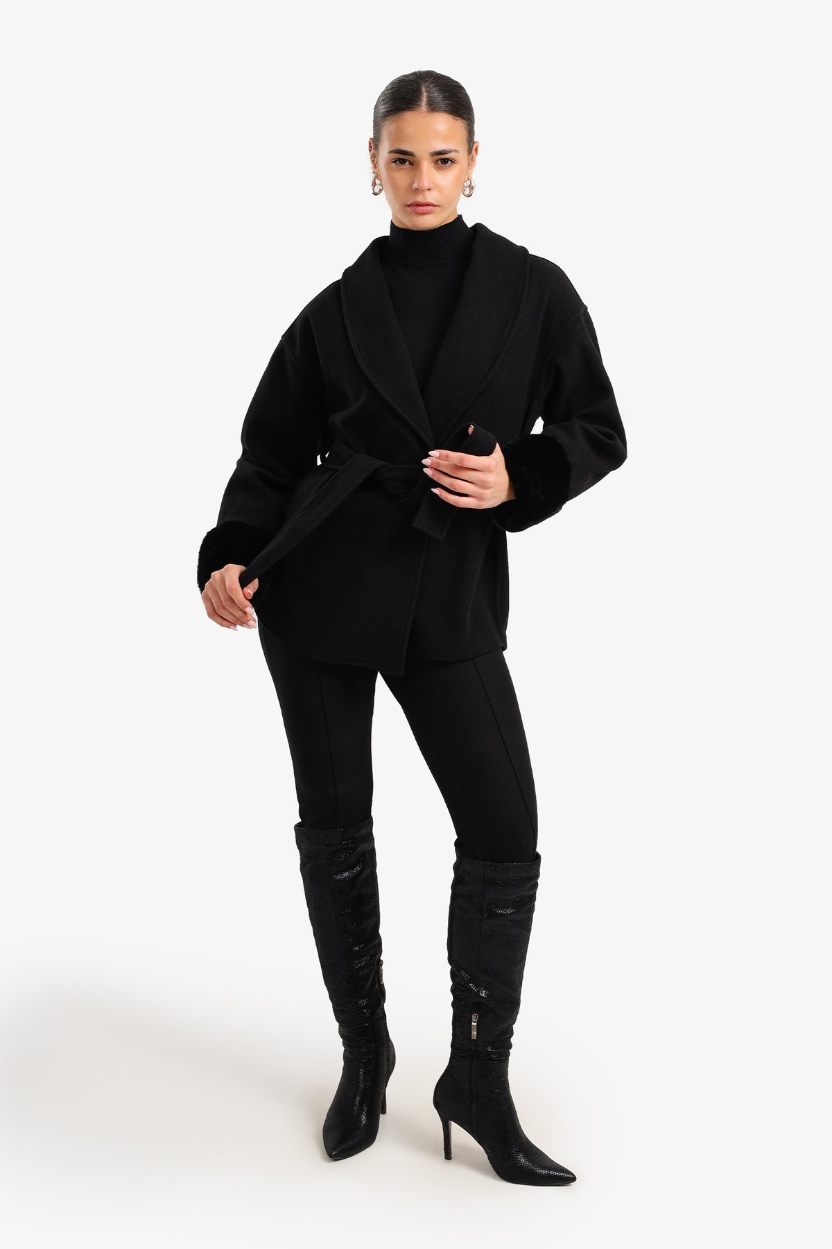 Wool Faux Fur Cuff Wrap Jacket – Black
