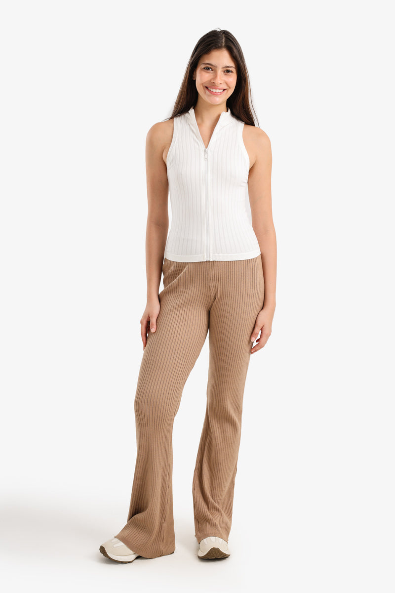 Polyamide Ribbed Flared Pants – Beige