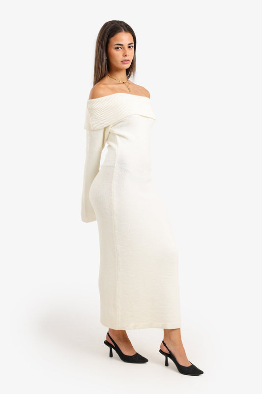 Wool Off-Shoulder Maxi Dress – Off White