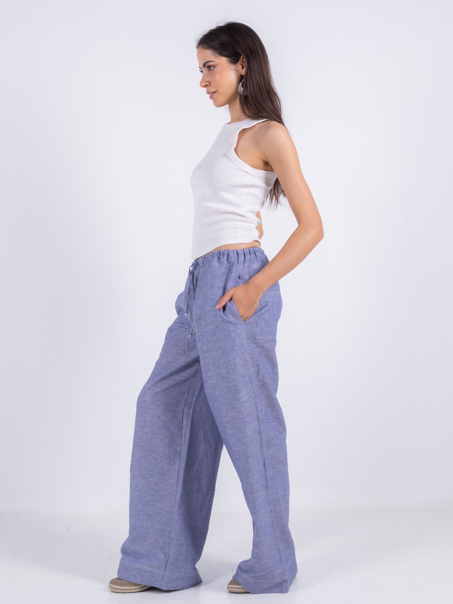 Linen Wide-Leg Trousers - Blue