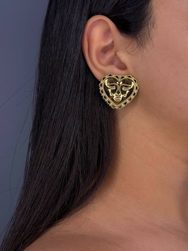 Gold-Plated Face Heart Earrings