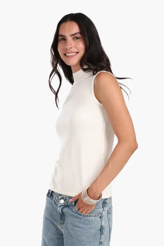 Wool Solid High Neck Sleeveless Pullover – Off White