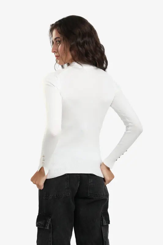 Viscose Blend Solid Mock Neck Pullover – Off White