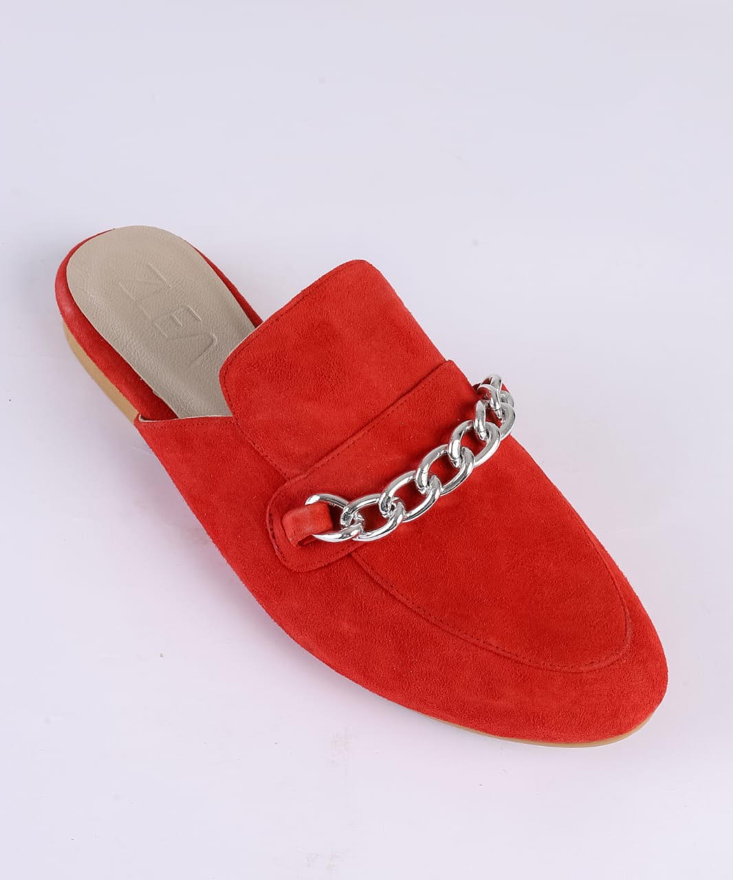 Suede Mules with Silver Chain - Red