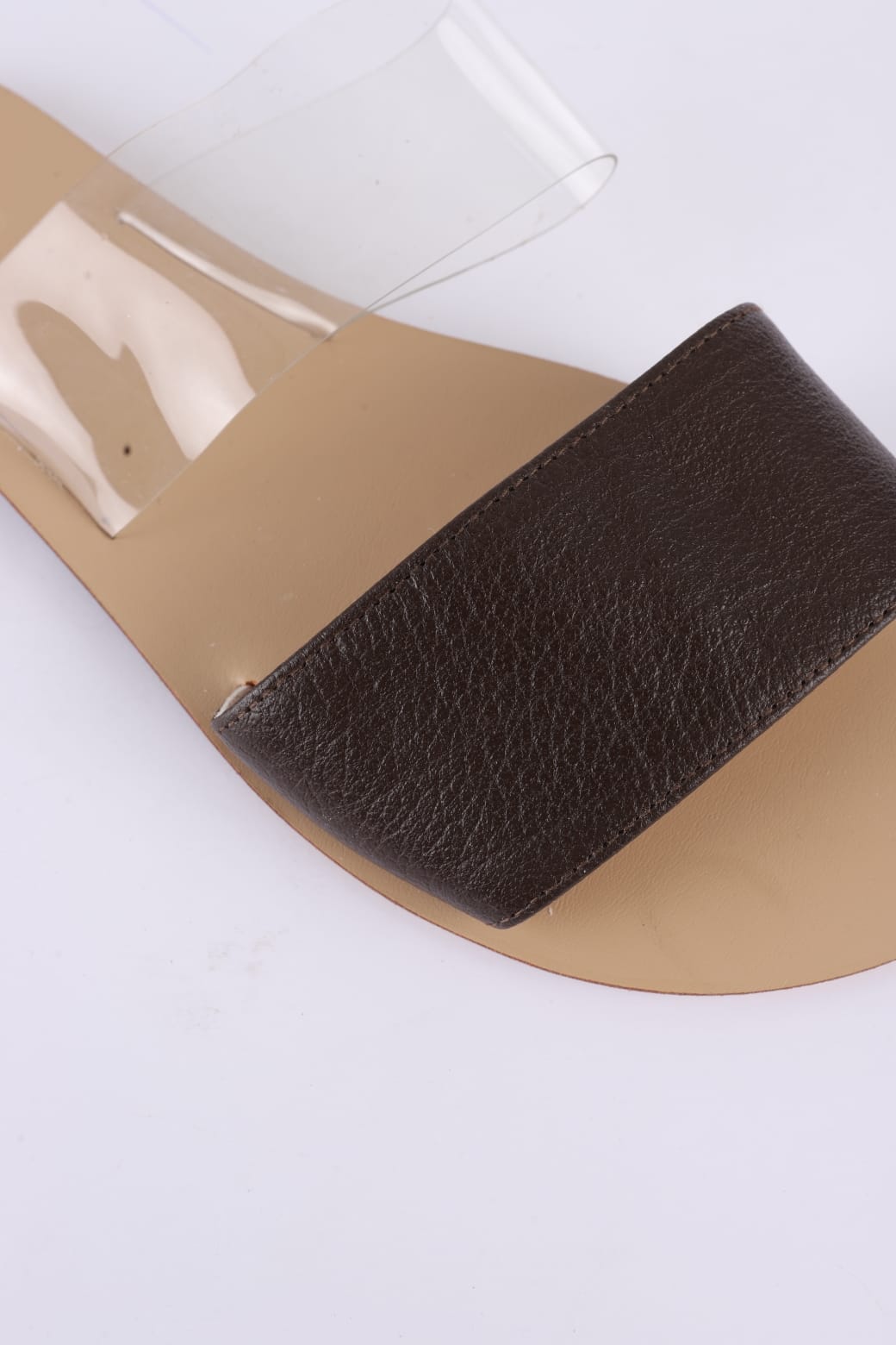 Faux Leather Double Strap Flat Slippers - Brown