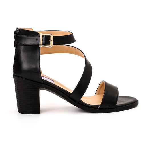 Faux Leather Cross Strap Block Heel Sandals – Black