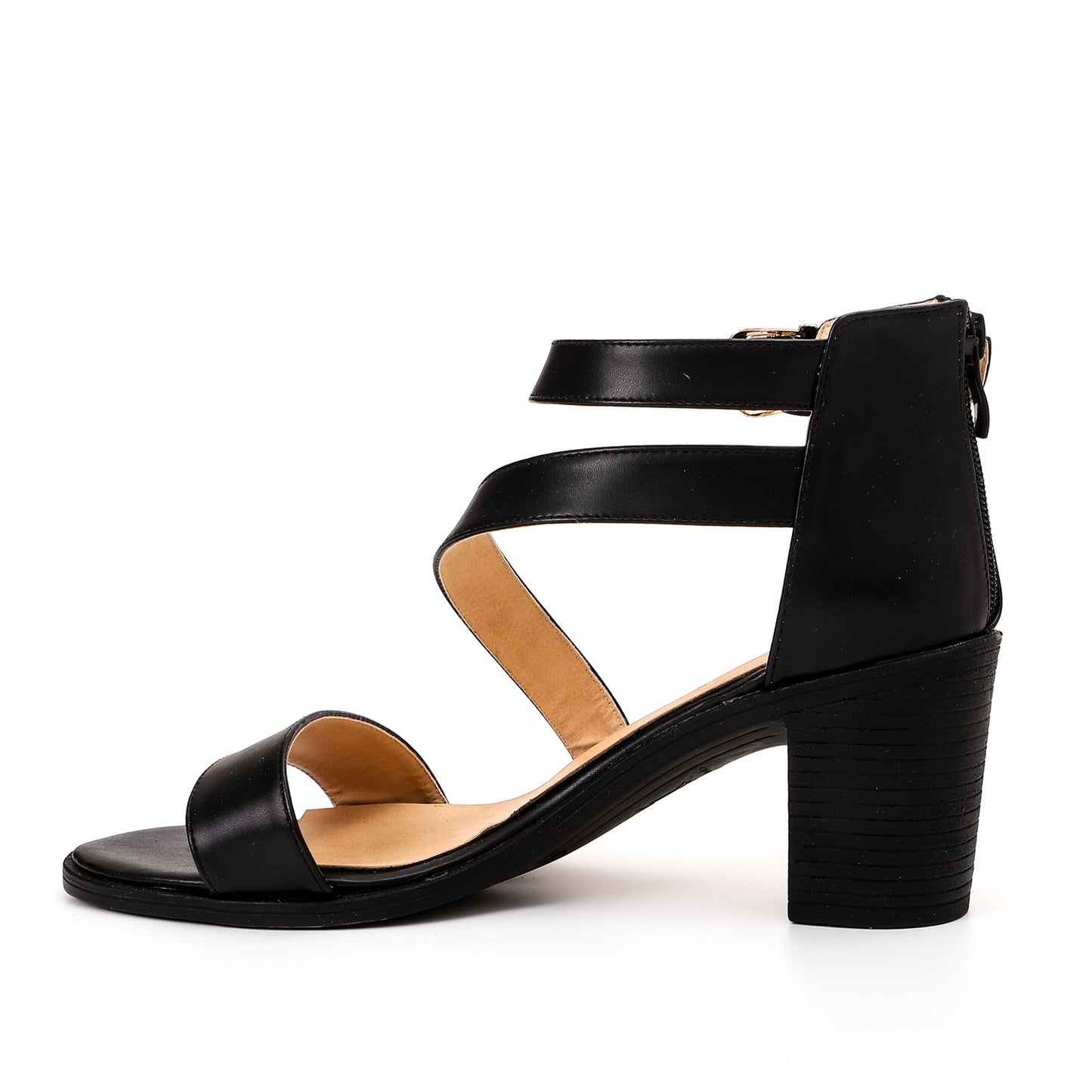 Faux Leather Cross Strap Block Heel Sandals – Black