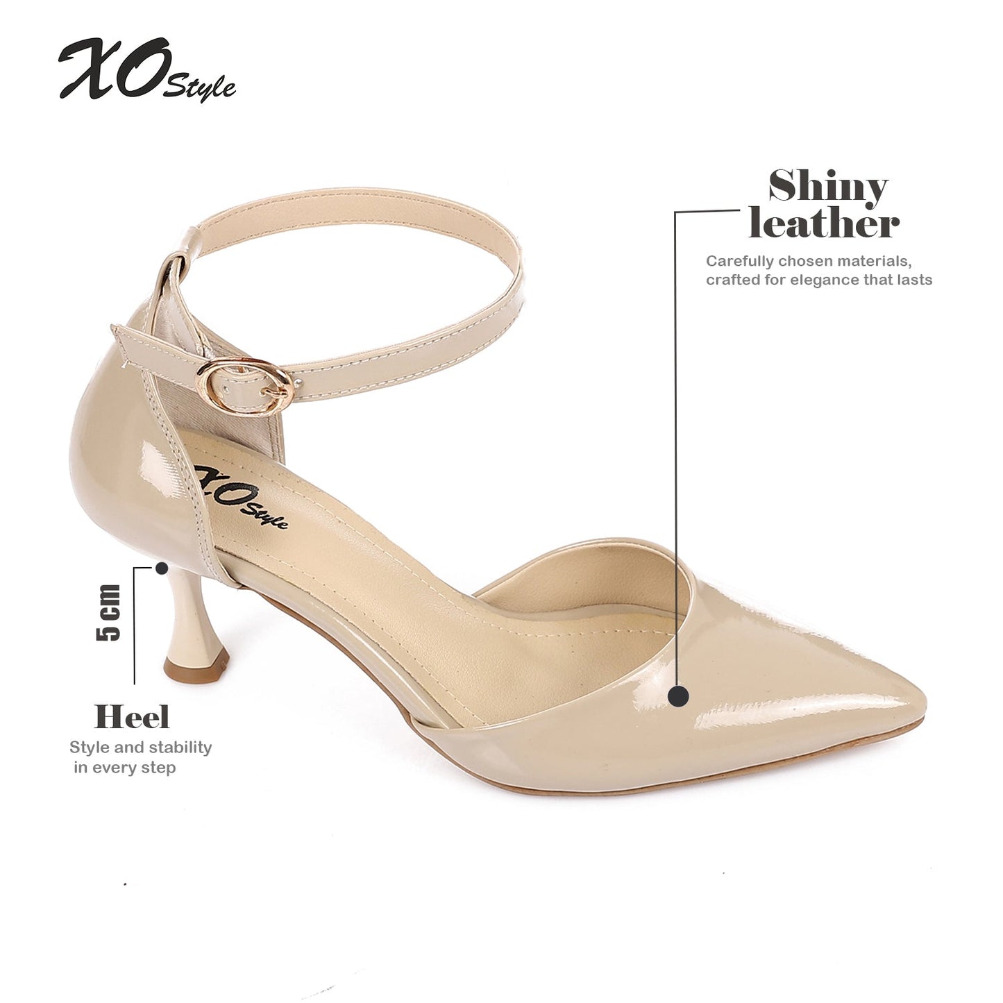 Patent Leather Solid Ankle Strap Pumps - Beige