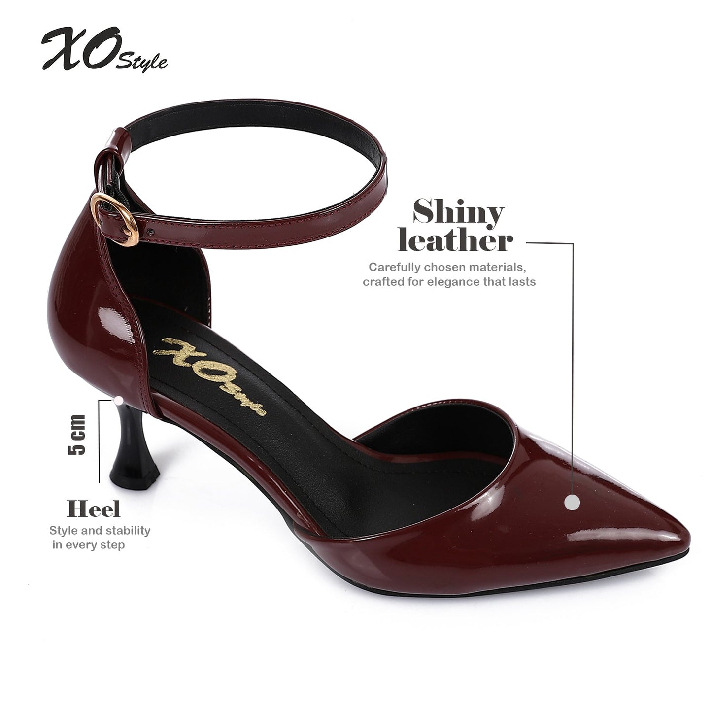 Patent Leather Solid Ankle Strap Pumps - Burgundy
