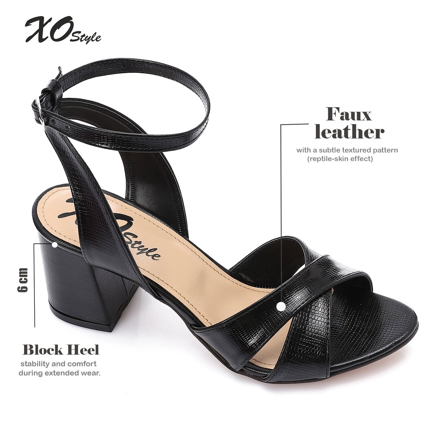 Faux Leather Cross-Strap Block Heel Sandals - Black