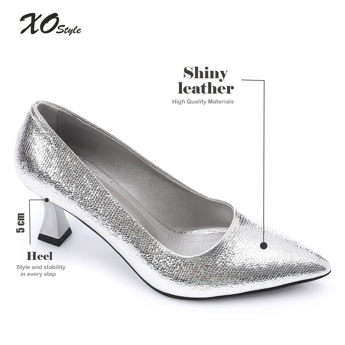 Faux Leather Textured Pointed-Toe Kitten Heels - Silver