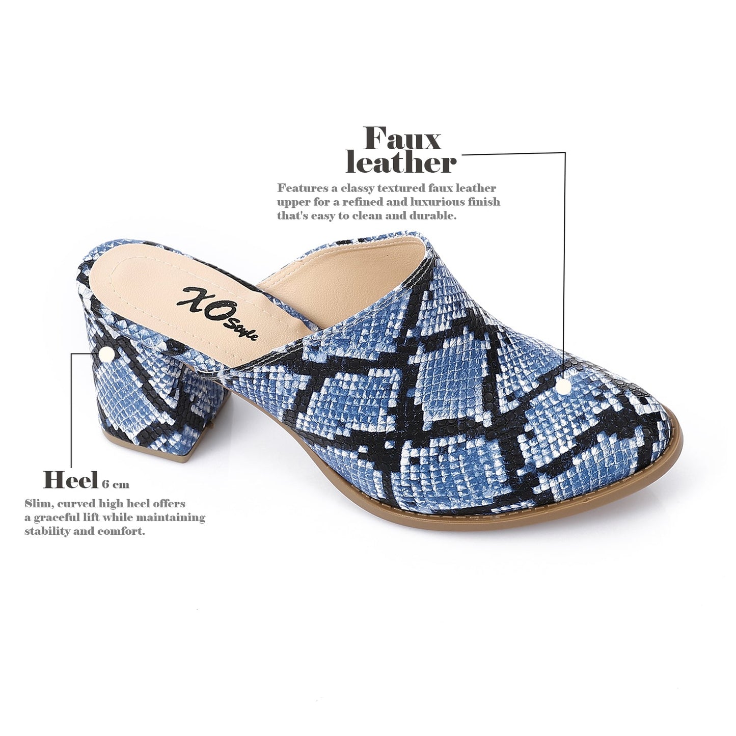 Faux Leather Snakeskin Block Heel Mules – Blue