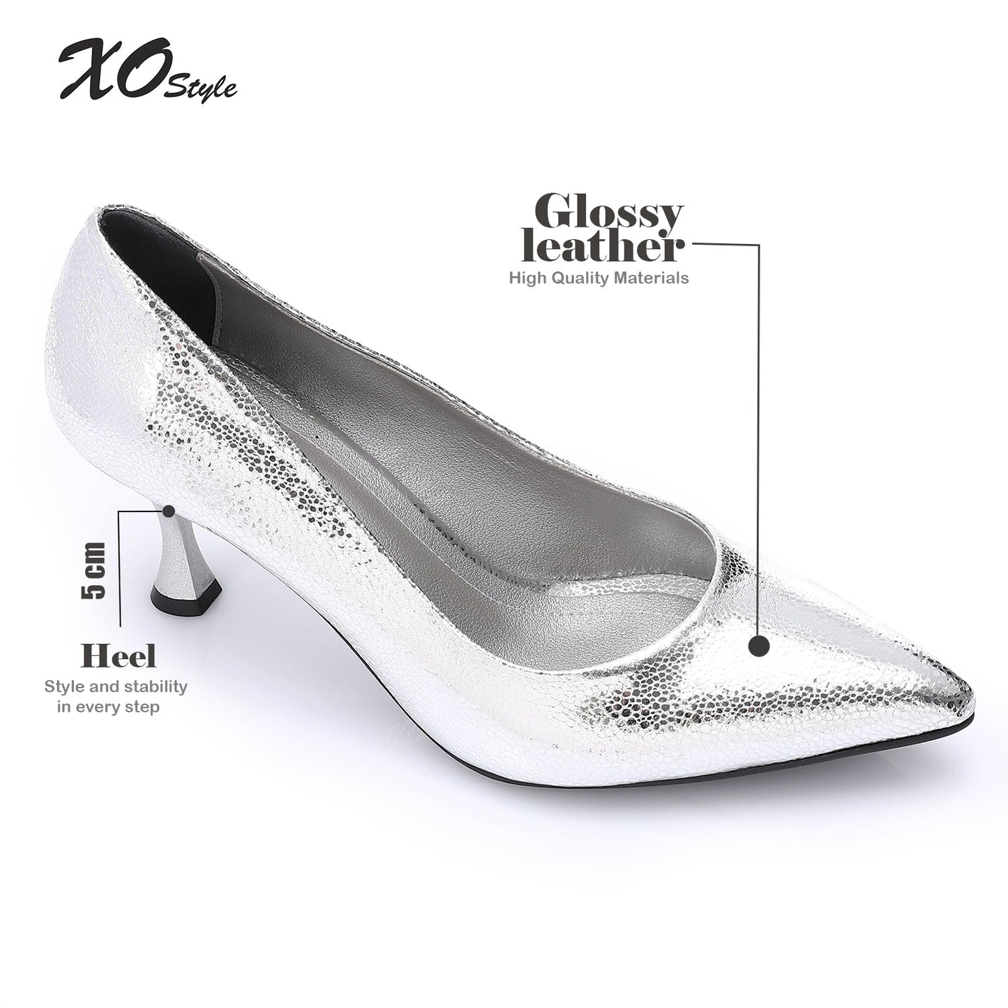 Faux Leather Pointed-Toe Sculptural Heel Pump - Silver