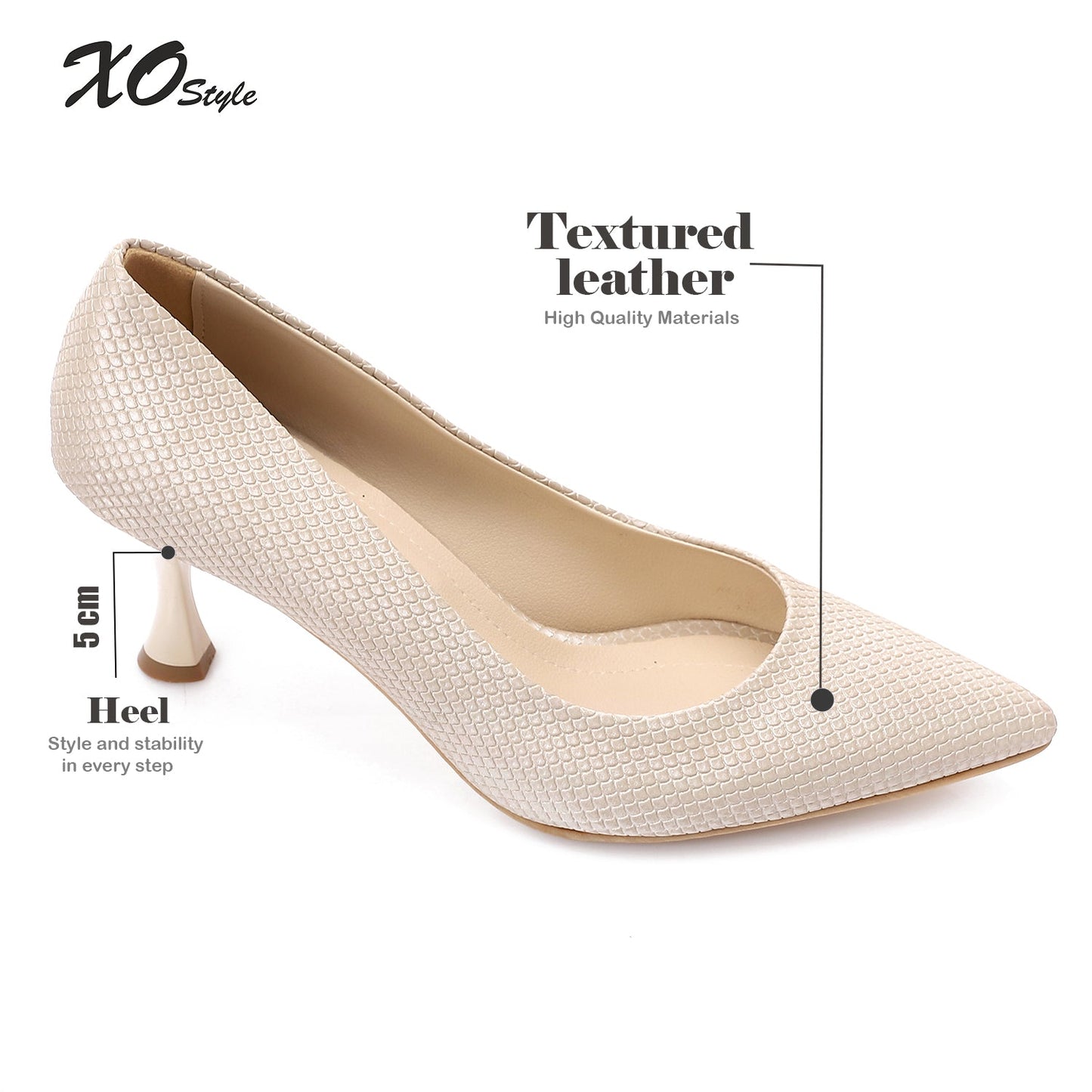 Leather Textured Pointed-Toe Kitten Heels - Beige