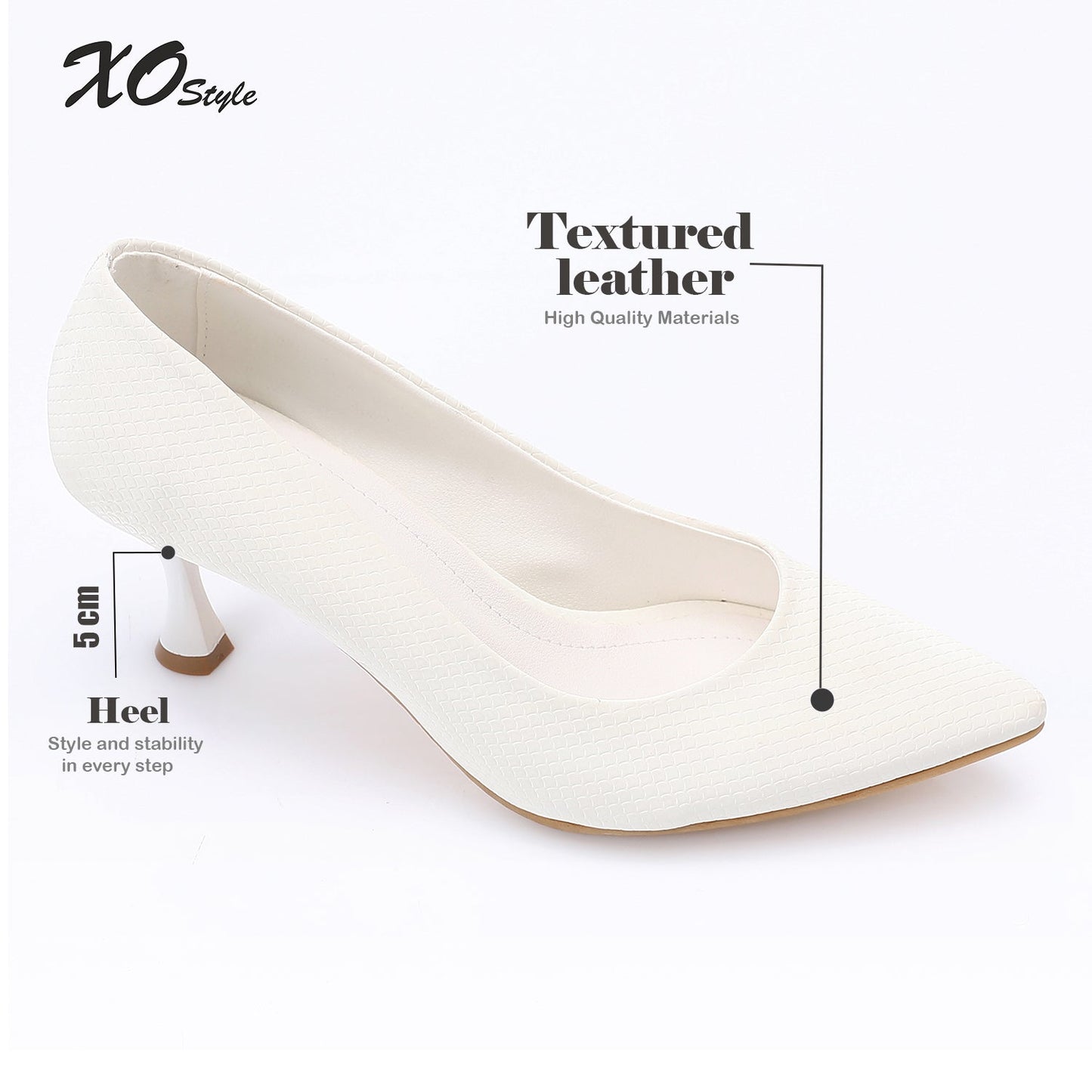 Leather Textured Pointed-Toe Kitten Heels - White