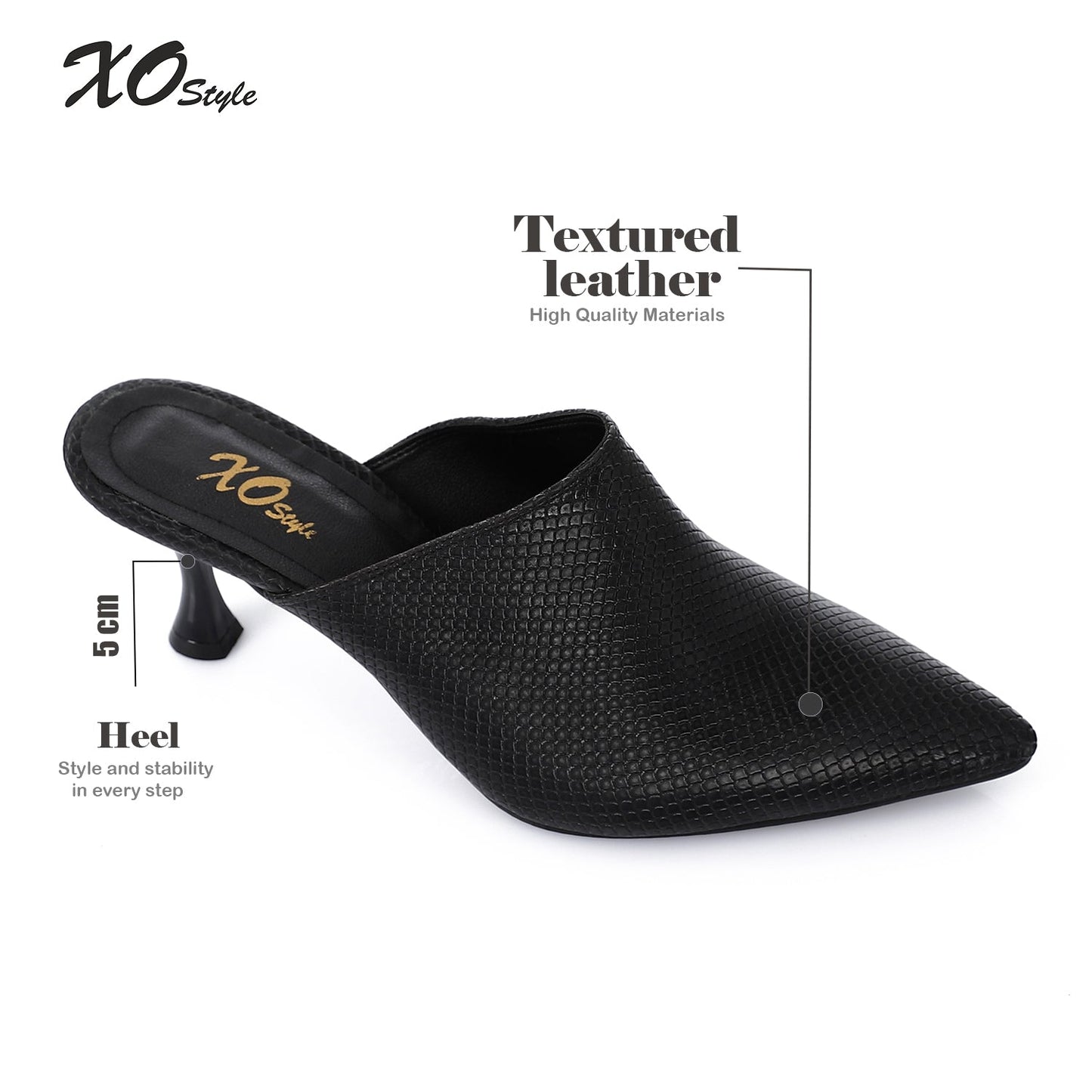 Faux Leather Pointed-Toe Kitten Heel Mule - Black