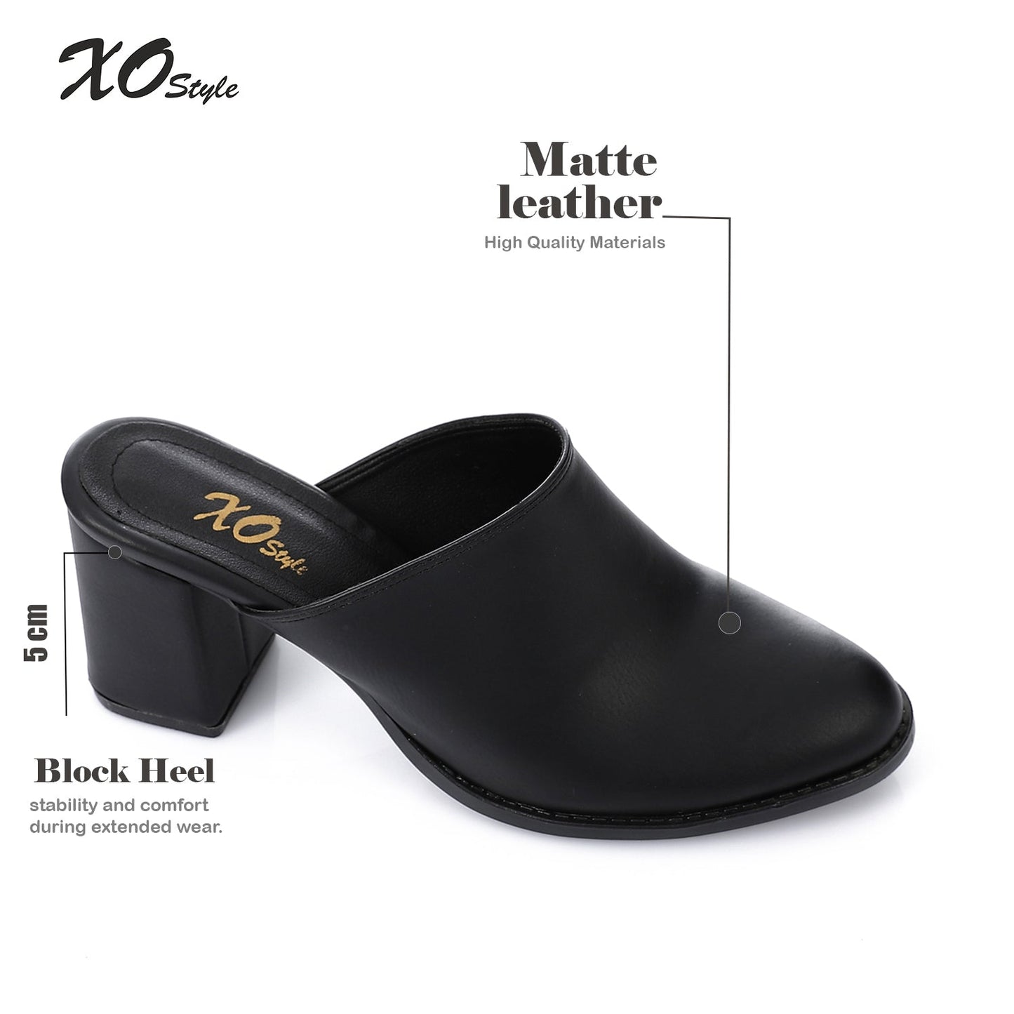 Leather Solid Block Heel Mules – Black