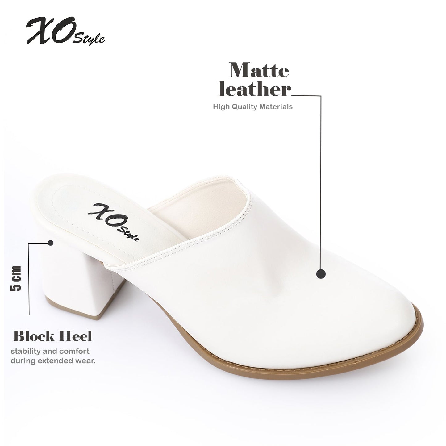 Leather Solid Block Heel Mules – White