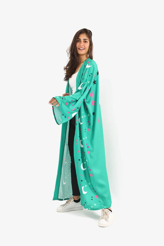 Crescents & Stars Printed Kimono - Green