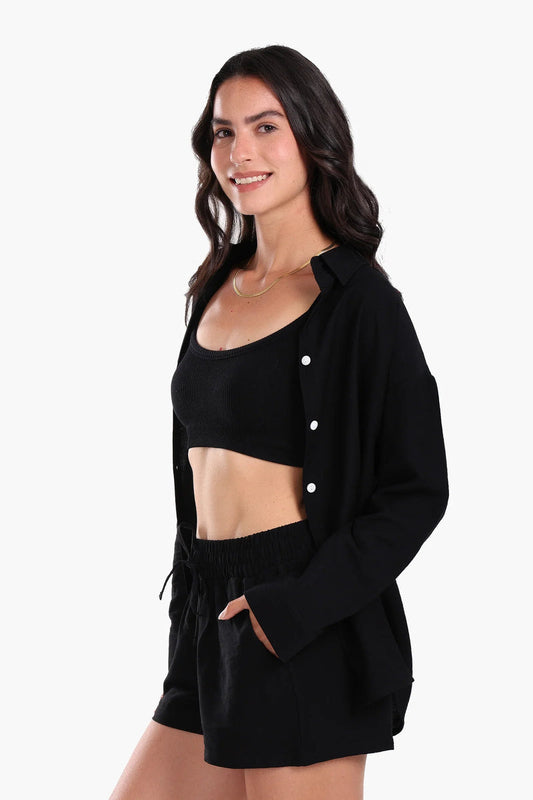 Tencel Solid Beach Shirt & Shorts Set – Black