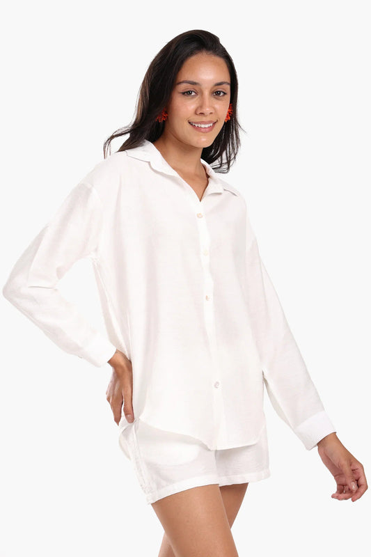 Tencel Solid Beach Shirt & Shorts Set – White