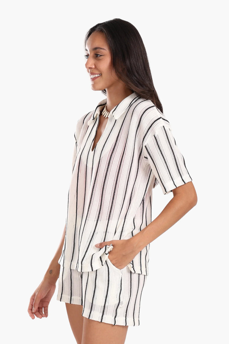 Polyester Striped Beach Set – White & Black