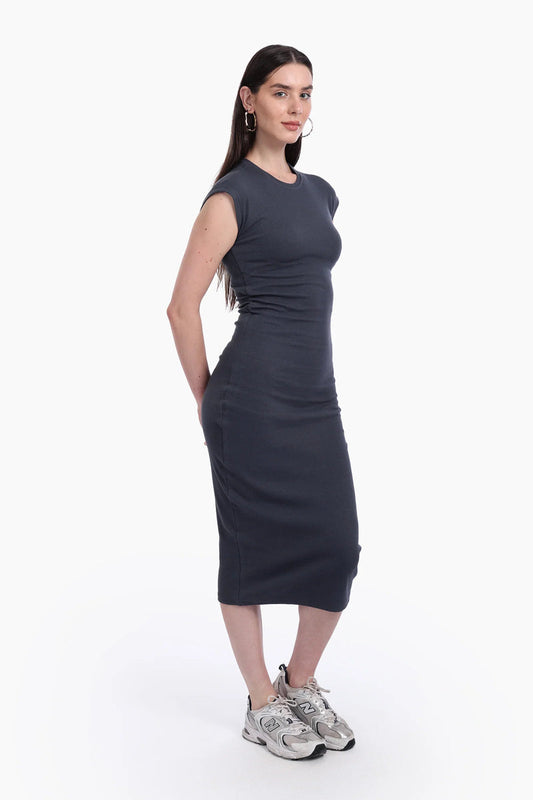 Cotton Ribbed Slim Fit Dress – Grey