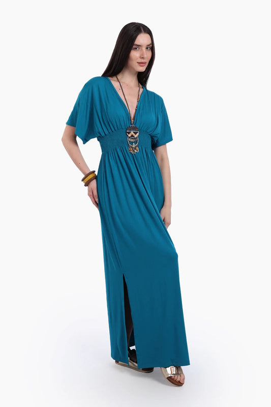 Viscose Blend Solid Nightgown with Side Slits – Teal Blue