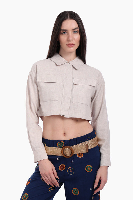Linen Solid Cropped Shirt – Beige