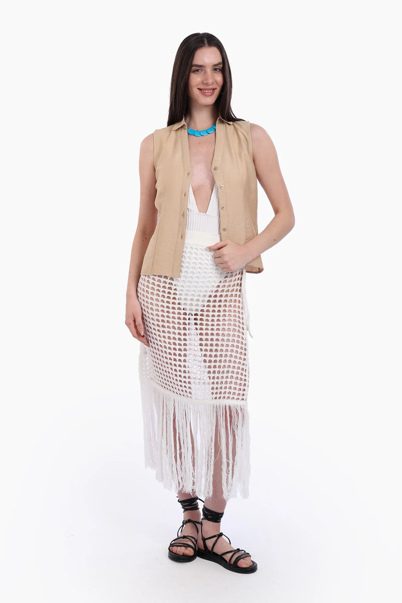 Voile Solid Collared Sleeveless Shirt – Beige