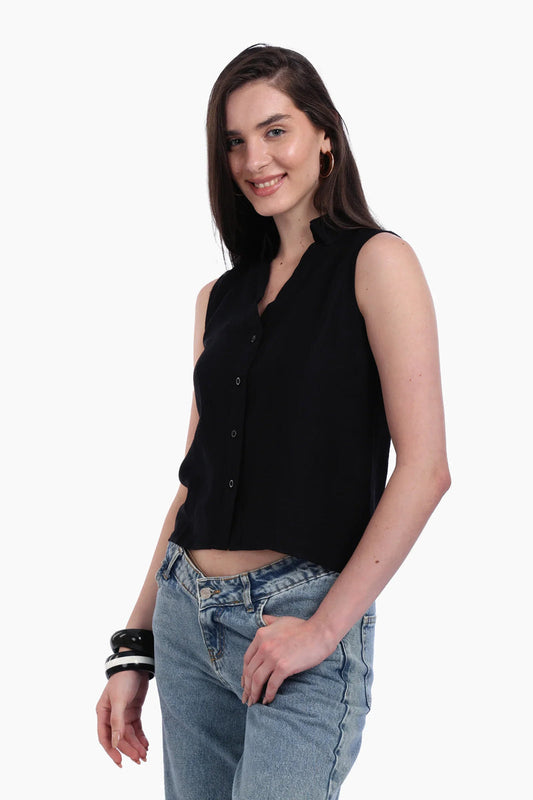 Voile Solid Collared Sleeveless Shirt – Black