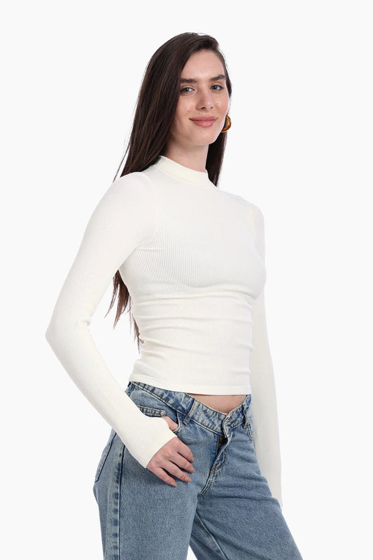 Microfiber Ribbed High Neck Top with Thumbhole – Off White