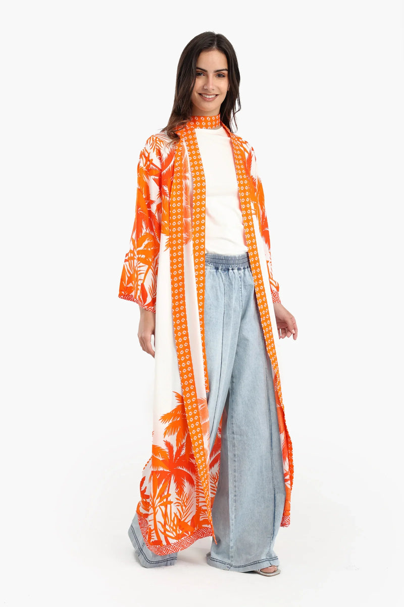 Cotton Palm Trees Printed Kimono – Orange & White